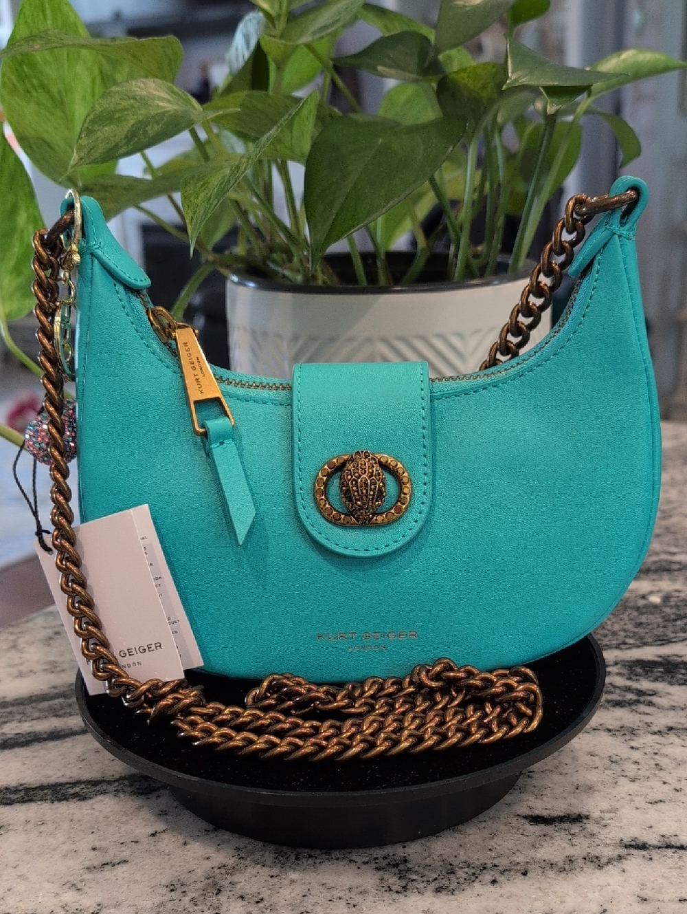 Kurt Geiger Chelsea Turquoise Crescent Shoulder Bag w/Antique Brass Hardware